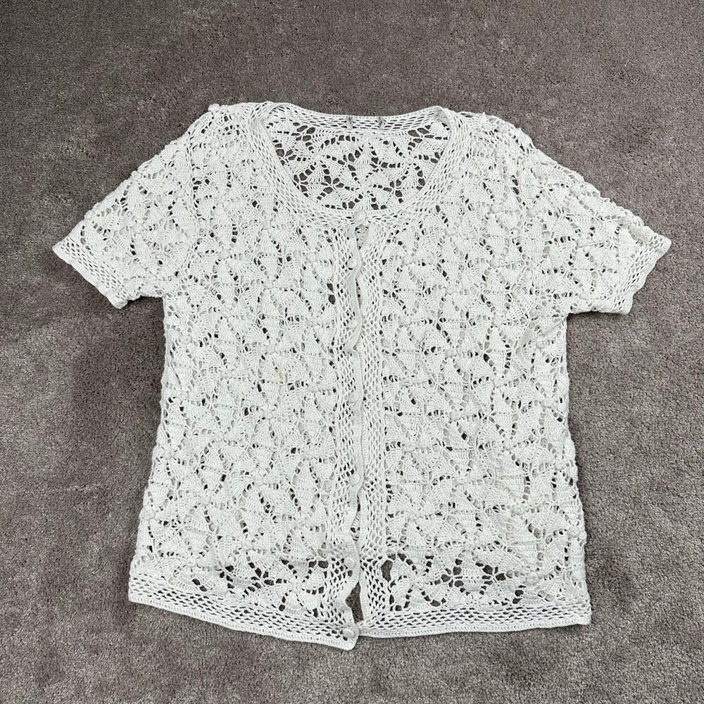 Crochet Open Knit Cardigan Size L White Short Sleeve Tie Front Boho Cottage
